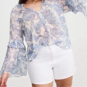 NWOT Torrid Bell Sleeve Chiffon Blouse Blue and White